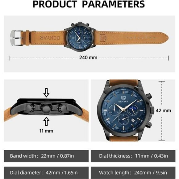 Mens Chronograph Watch Brown Leather Strap Waterproof Quartz Dress Watch - Picture 6 of 7